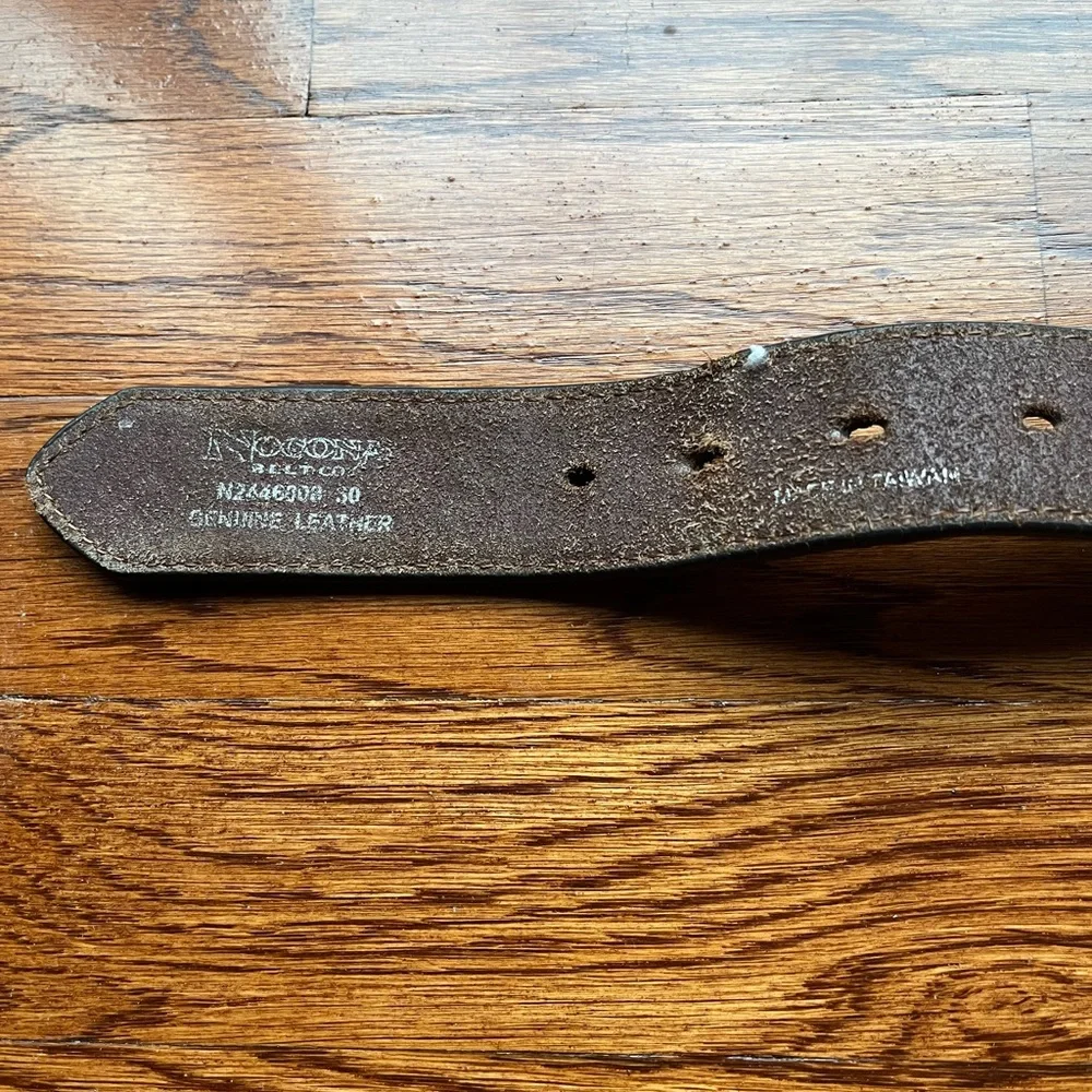 Leather Tooled Brown Western Belt with Decorative Silver Buckle